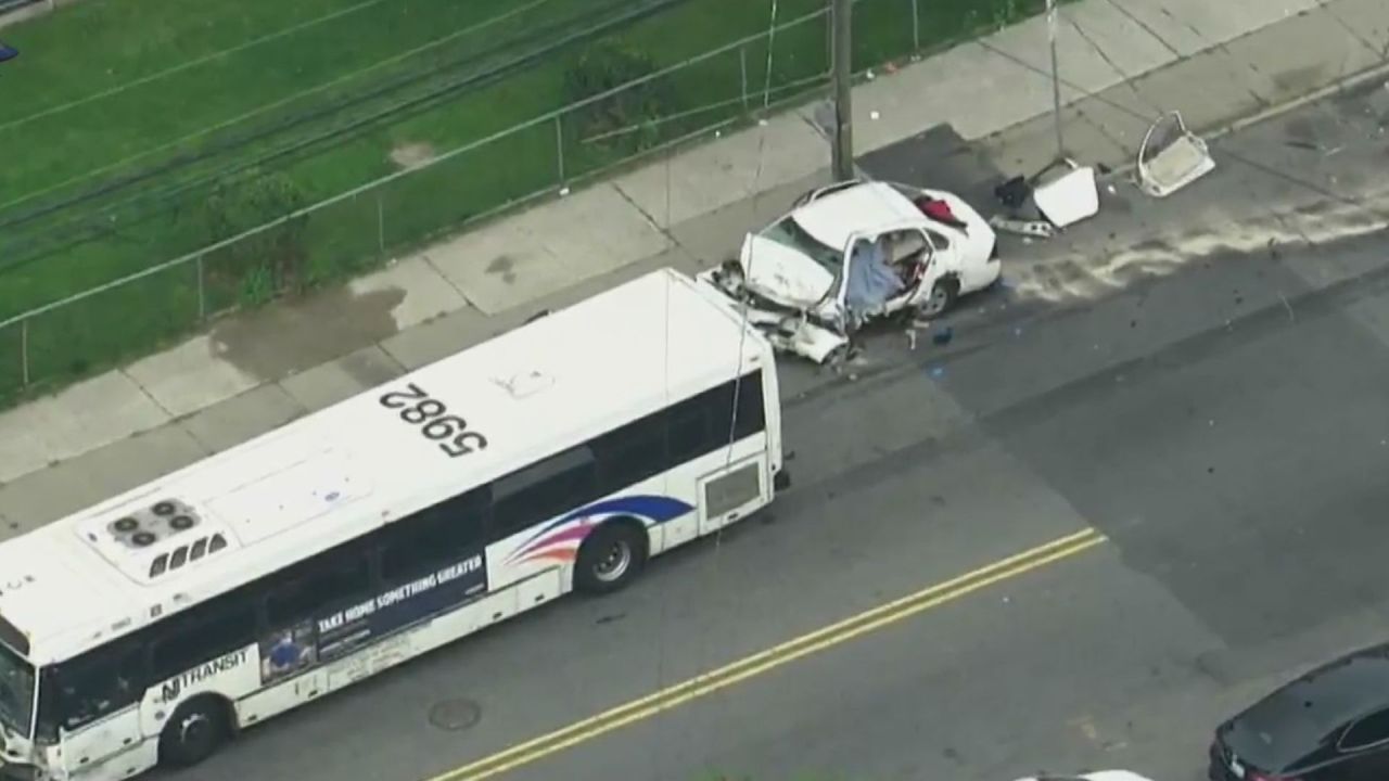 Newark crash car crashes headon into NJ transit bus Garden State